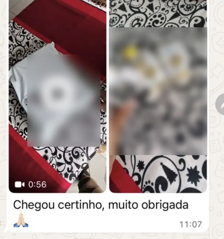 Mensagem real anonimizada de cliente confirmando que a encomenda chegou corretamente